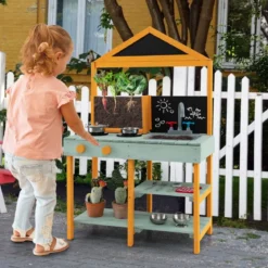 Matschküche Kinder Outdoor Kinderküche Tannenholz mit Pflanzbehälter & 2 Kreidetafeln & Wasserhahn Blau/Grün