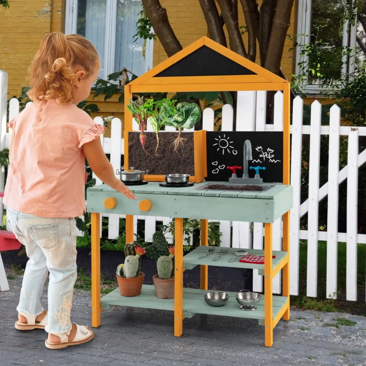Matschküche Kinder Outdoor Kinderküche Tannenholz mit Pflanzbehälter & 2 Kreidetafeln & Wasserhahn Blau/Grün