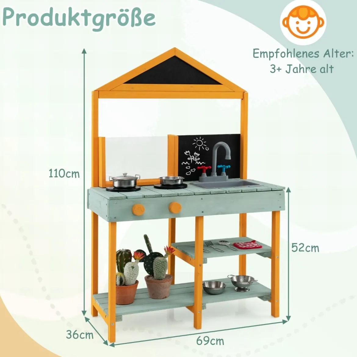 Matschküche Kinder Outdoor Kinderküche Tannenholz mit Pflanzbehälter & 2 Kreidetafeln & Wasserhahn Blau/Grün