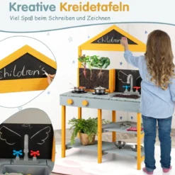 Matschküche Kinder Outdoor Kinderküche Tannenholz mit Pflanzbehälter & 2 Kreidetafeln & Wasserhahn Blau/Grün