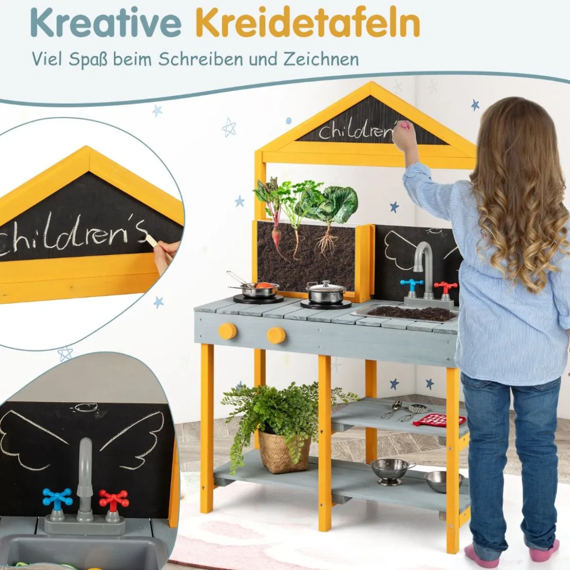 Matschküche Kinder Outdoor Kinderküche Tannenholz mit Pflanzbehälter & 2 Kreidetafeln & Wasserhahn Blau/Grün