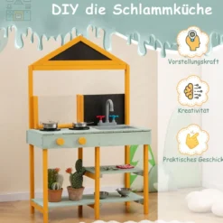 Matschküche Kinder Outdoor Kinderküche Tannenholz mit Pflanzbehälter & 2 Kreidetafeln & Wasserhahn Blau/Grün