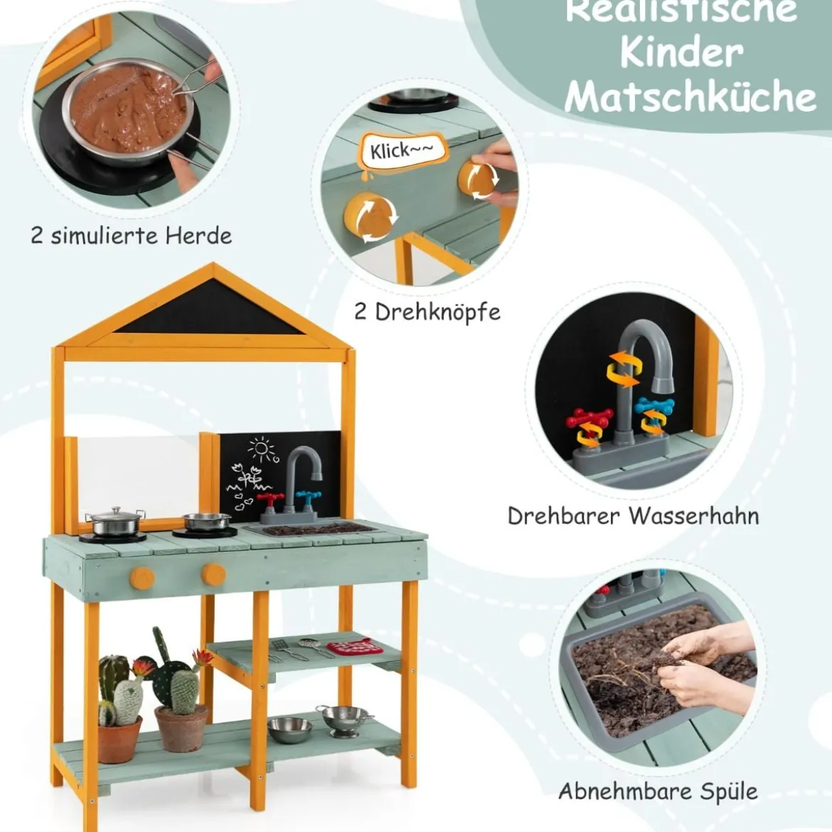 Matschküche Kinder Outdoor Kinderküche Tannenholz mit Pflanzbehälter & 2 Kreidetafeln & Wasserhahn Blau/Grün