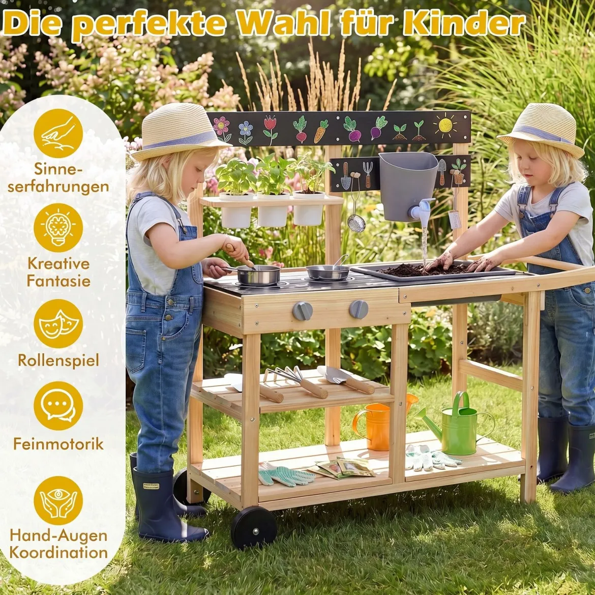 Matschküche Kinder Outdoor Kinderküche Holz mit Rädern und Griff für Kinder ab 3 Jahren Natur