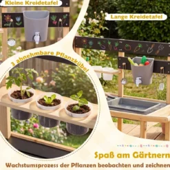 Matschküche Kinder Outdoor Kinderküche Holz mit Rädern und Griff für Kinder ab 3 Jahren Natur