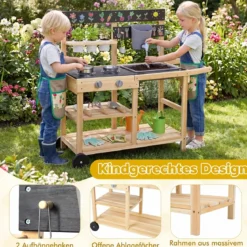 Matschküche Kinder Outdoor Kinderküche Holz mit Rädern und Griff für Kinder ab 3 Jahren Natur