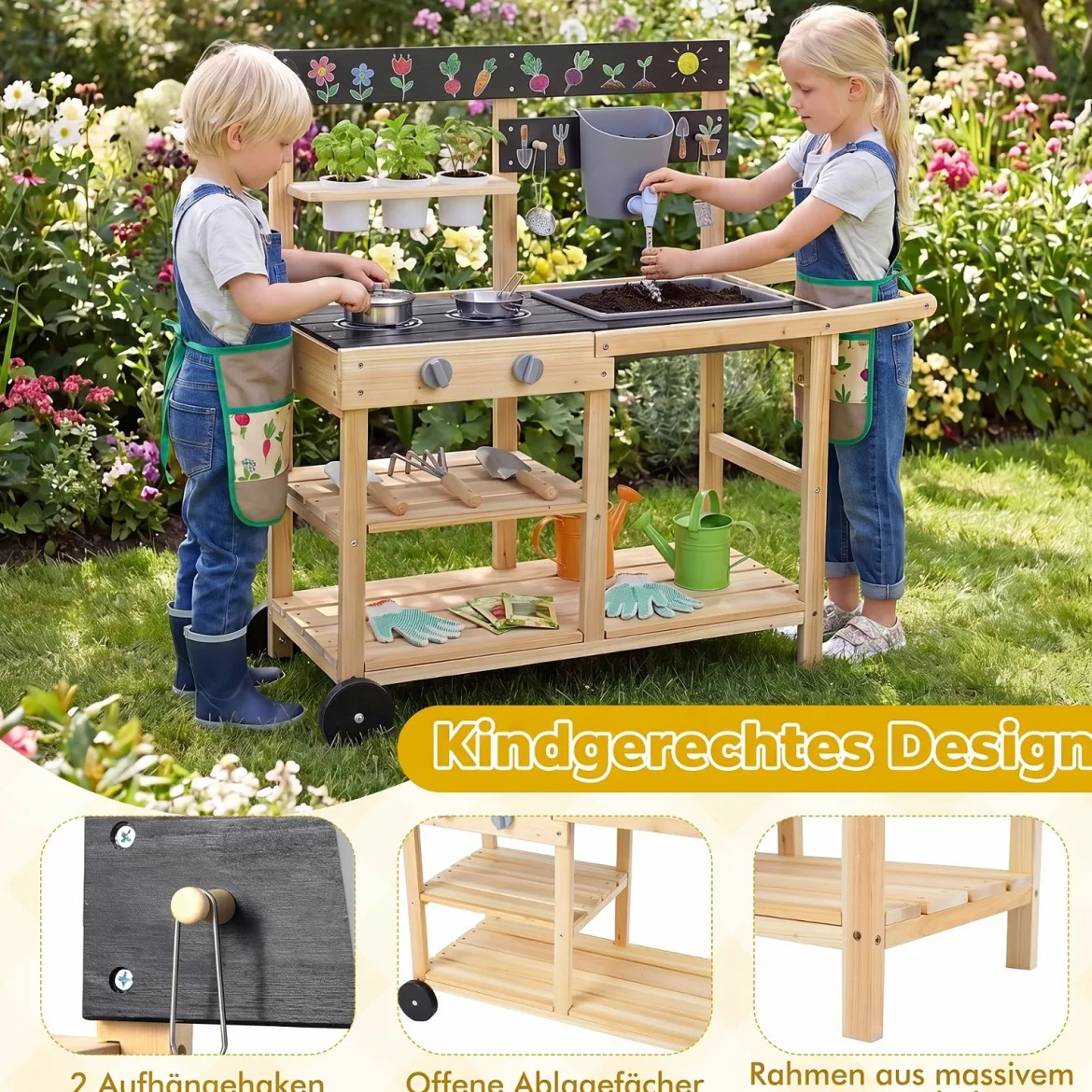 Matschküche Kinder Outdoor Kinderküche Holz mit Rädern und Griff für Kinder ab 3 Jahren Natur