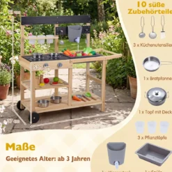 Matschküche Kinder Outdoor Kinderküche Holz mit Rädern und Griff für Kinder ab 3 Jahren Natur
