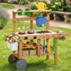 Matschküche Kinder Outdoor Spielküche Holz mit Blumentöpfen 15 Zubehörteilen & Rädern Natur