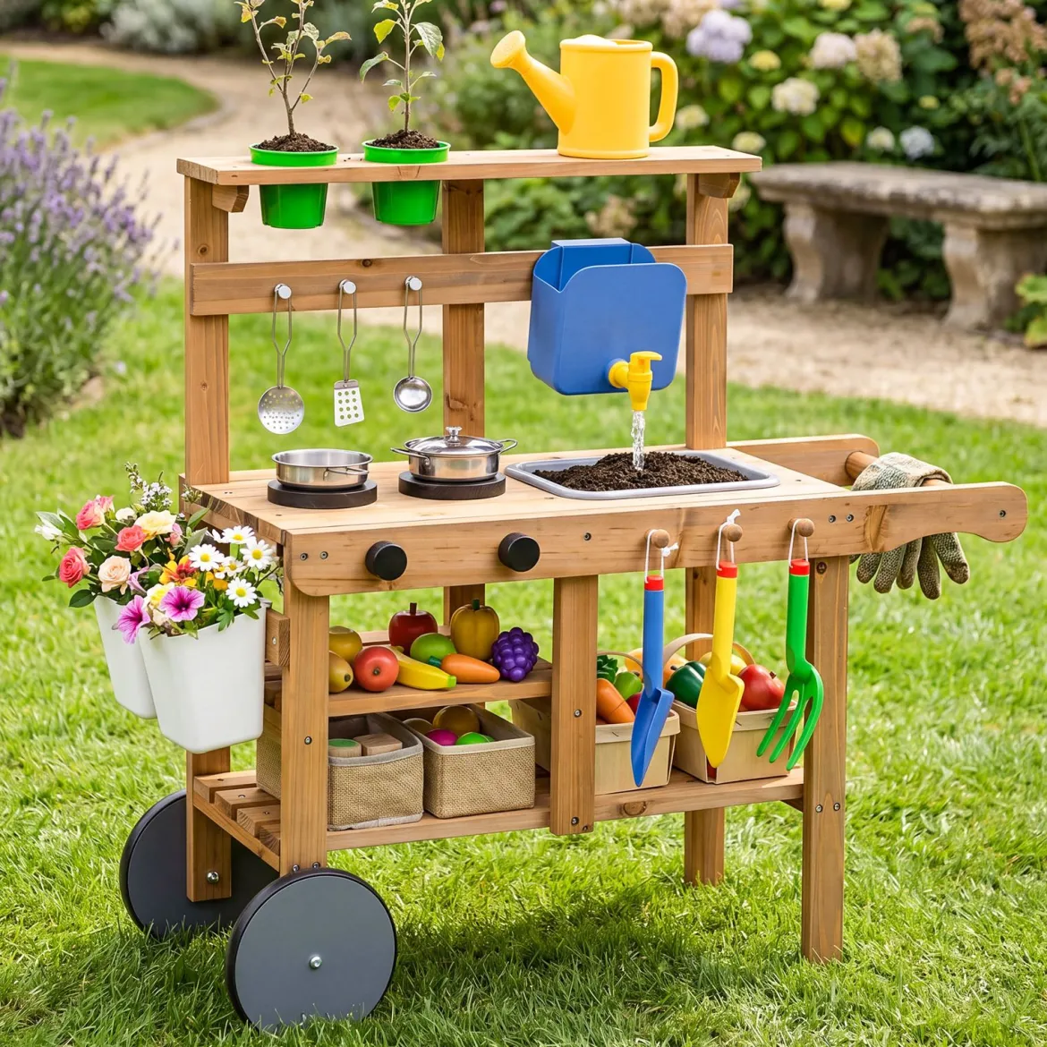 Matschküche Kinder Outdoor Spielküche Holz mit Blumentöpfen 15 Zubehörteilen & Rädern Natur