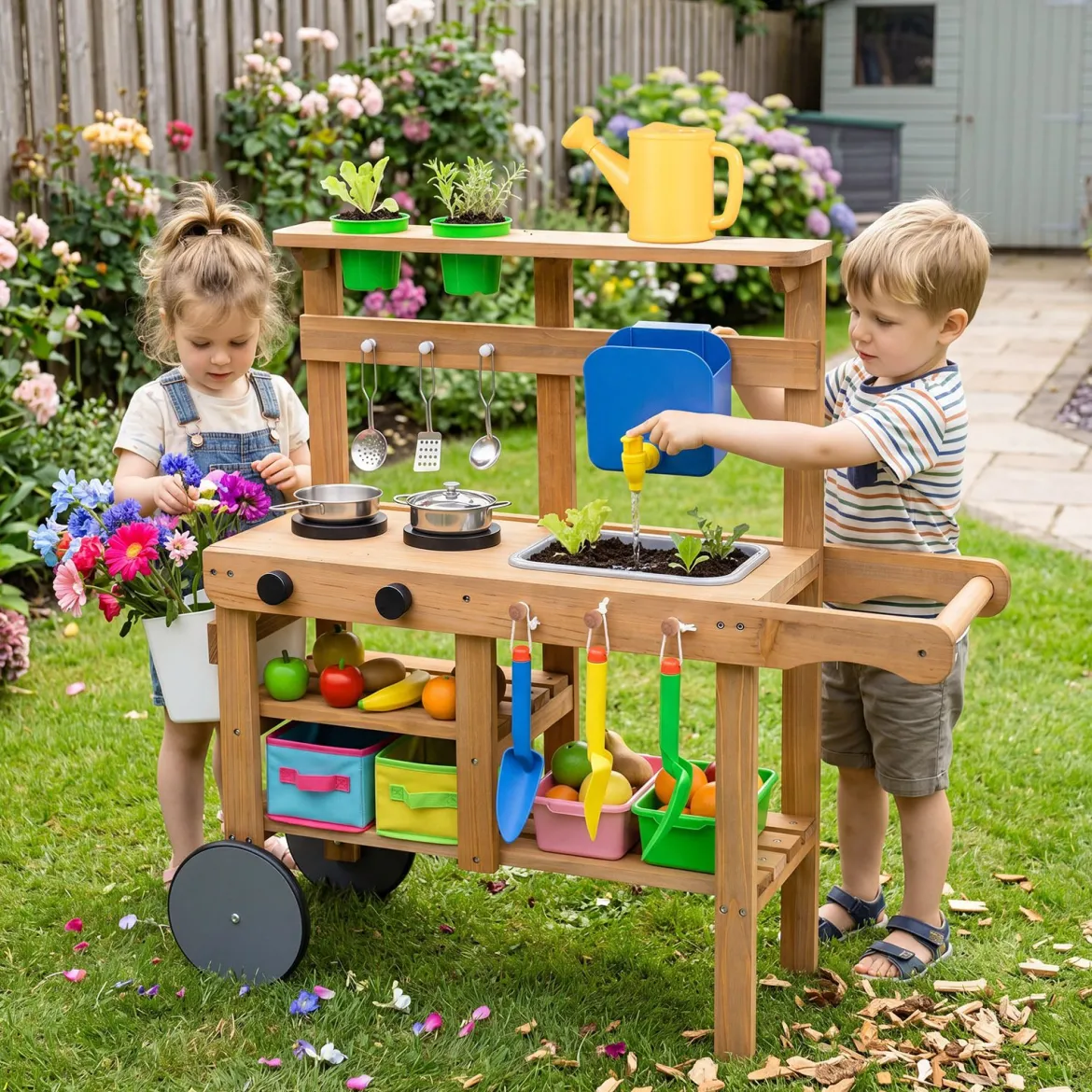 Matschküche Kinder Outdoor Spielküche Holz mit Blumentöpfen 15 Zubehörteilen & Rädern Natur