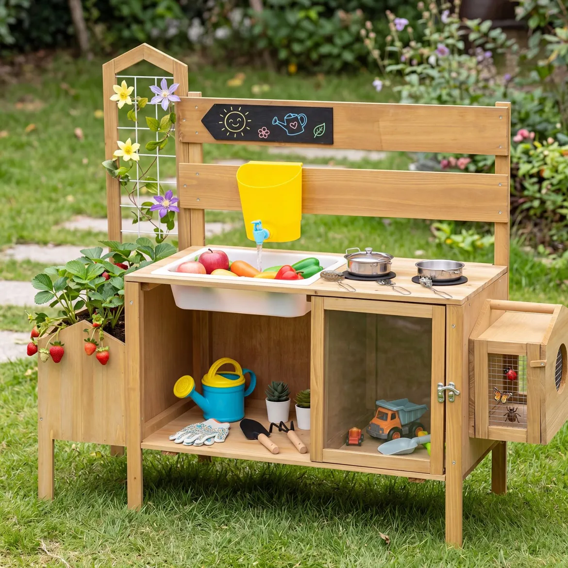 Matschküche Kinder Outdoor Spielküche mit Spüle Wassertank & Wasserhahn für Kinder ab 3 Jahren