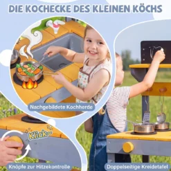 Matschküche Kinder Outdoor Spielküche mit Herd & Pflanzkasten Kinderküche aus Tannenholz Gelb