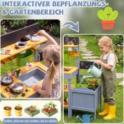 Matschküche Kinder Outdoor Spielküche mit Herd & Pflanzkasten Kinderküche aus Tannenholz Gelb