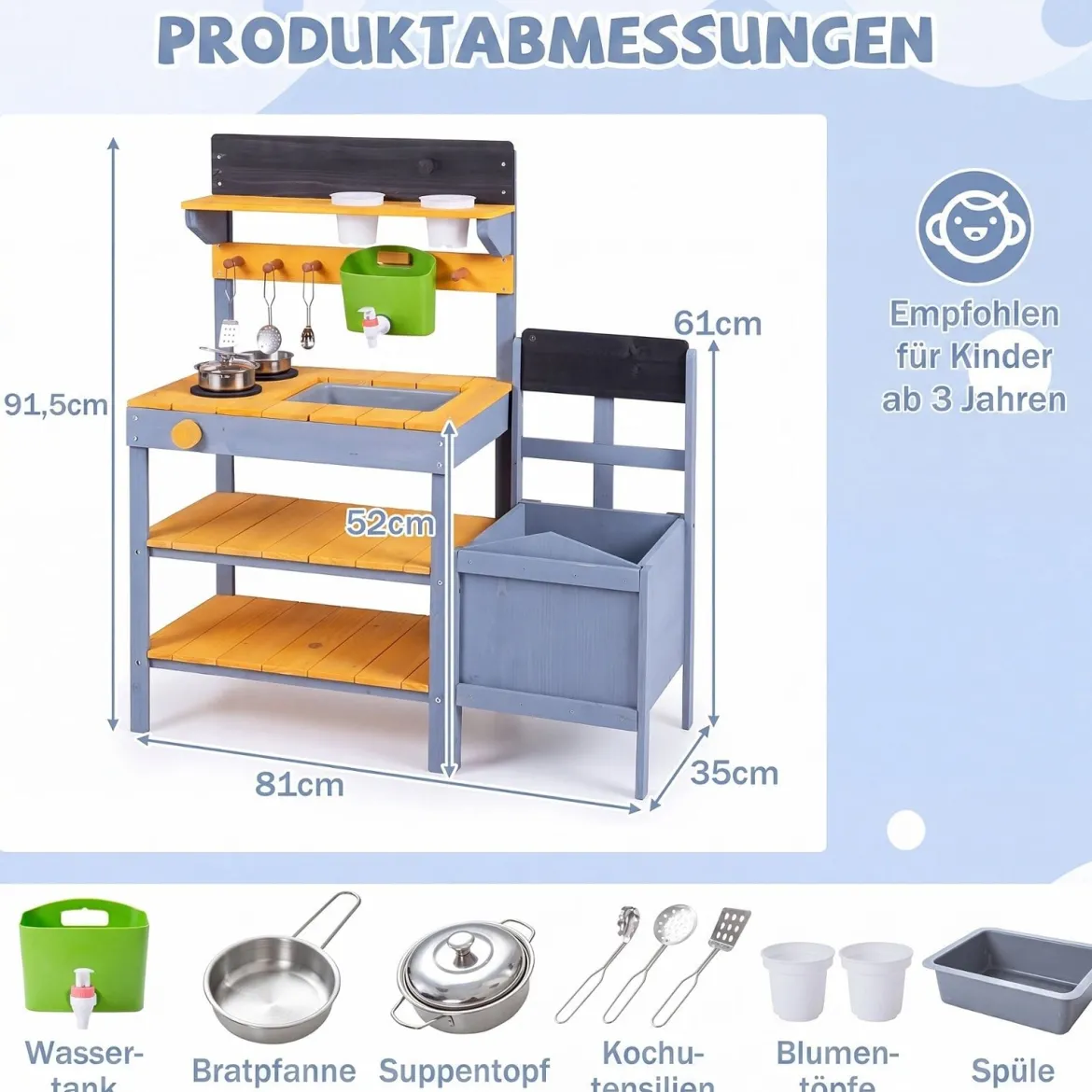 Matschküche Kinder Outdoor Spielküche mit Herd & Pflanzkasten Kinderküche aus Tannenholz Gelb
