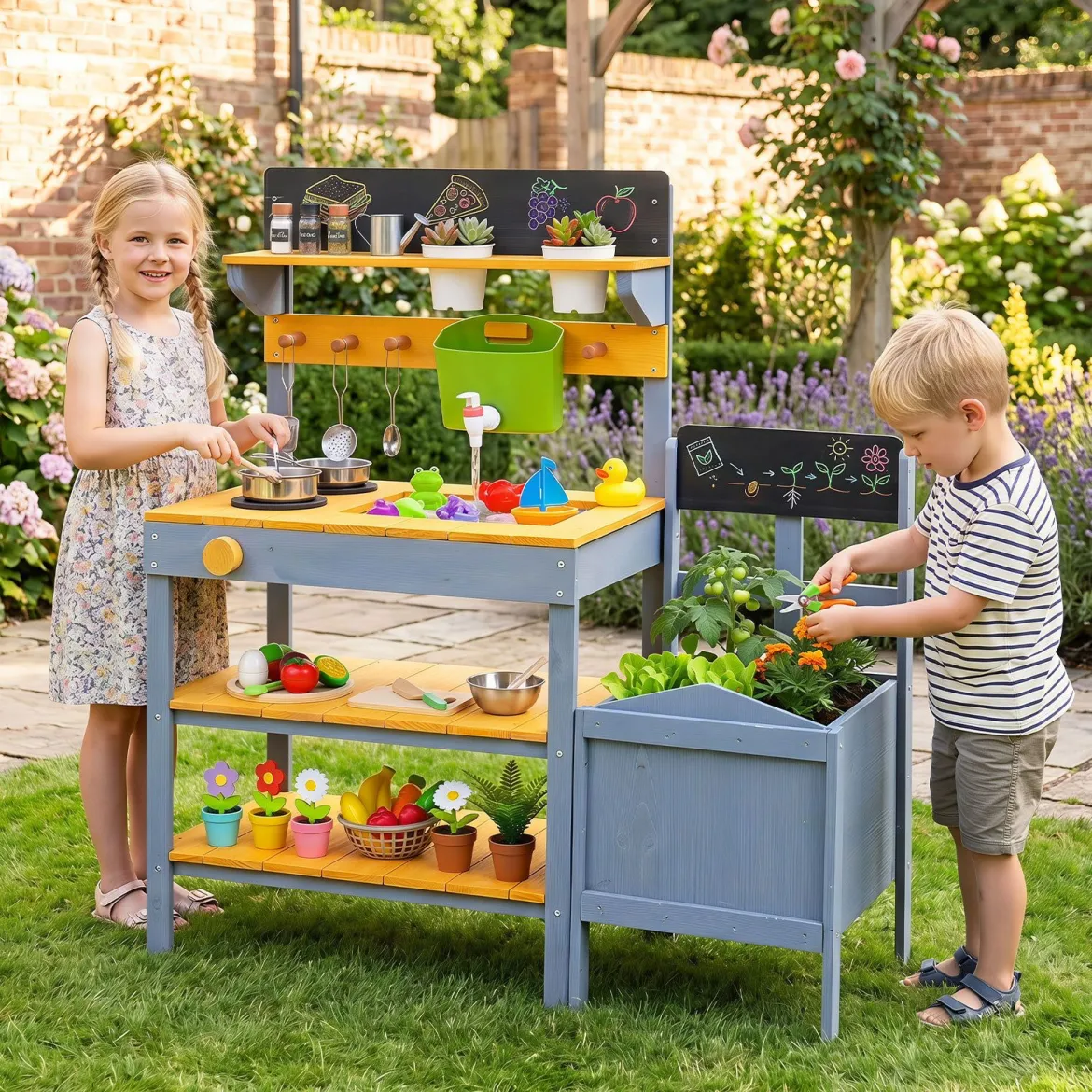 Matschküche Kinder Outdoor Spielküche mit Herd & Pflanzkasten Kinderküche aus Tannenholz Gelb