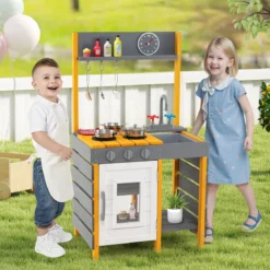 Matschküche Kinder Outdoor Spielküche mit Herd & Abnehmbarer Spüle & Wasserhahn Outdoor Kinderküche