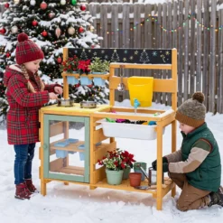 Matschküche Kinder Outdoor Spielküche Holz Mit Wassertank für Kinder ab 3 Jahren 69 x 29 x 85 cm Gelb
