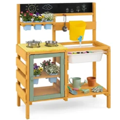Matschküche Kinder Outdoor Spielküche Holz Mit Wassertank für Kinder ab 3 Jahren 69 x 29 x 85 cm Gelb