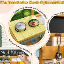 Matschküche Kinder Outdoor Spielküche Holz Mit Wassertank für Kinder ab 3 Jahren 69 x 29 x 85 cm Gelb