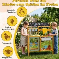Matschküche Kinder Outdoor Spielküche Holz Mit Wassertank für Kinder ab 3 Jahren 69 x 29 x 85 cm Gelb
