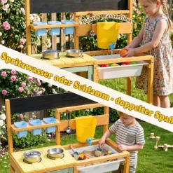 Matschküche Kinder Outdoor Spielküche Holz Mit Wassertank für Kinder ab 3 Jahren 69 x 29 x 85 cm Gelb