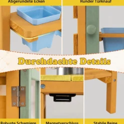 Matschküche Kinder Outdoor Spielküche Holz Mit Wassertank für Kinder ab 3 Jahren 69 x 29 x 85 cm Gelb