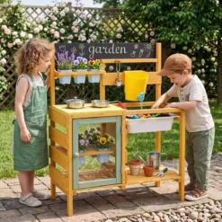 Matschküche Kinder Outdoor Spielküche Holz Mit Wassertank für Kinder ab 3 Jahren 69 x 29 x 85 cm Gelb