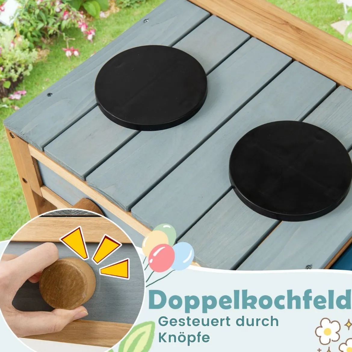Matschküche Kinder Spielküche aus Fichtenholz mit Herd Drehknöpfen & Spüle