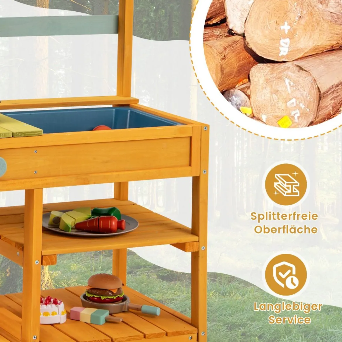 Matschküche Kinder Spielküche aus Fichtenholz mit Herd Drehknöpfen & Spüle
