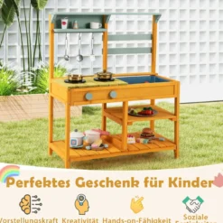 Matschküche Kinder Spielküche aus Fichtenholz mit Herd Drehknöpfen & Spüle