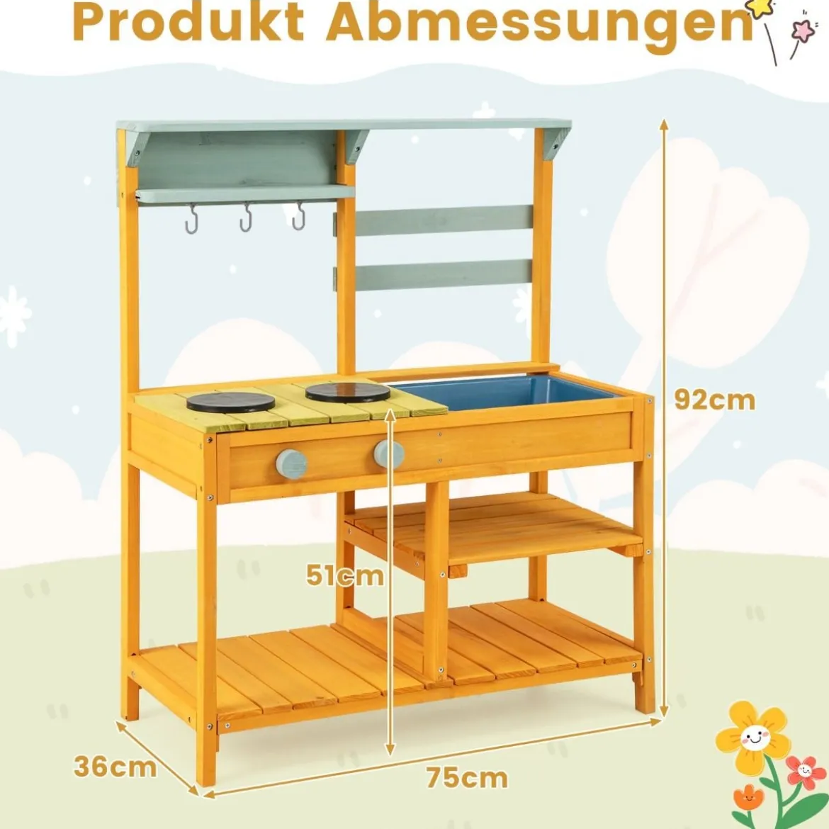 Matschküche Kinder Spielküche aus Fichtenholz mit Herd Drehknöpfen & Spüle