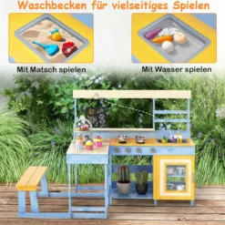 Matschküche mit Picknicktisch für Kinder Spielküche aus Tannenholz mit eingebauter Bank Blau