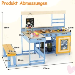 Matschküche mit Picknicktisch für Kinder Spielküche aus Tannenholz mit eingebauter Bank Blau