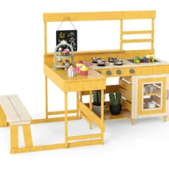 Matschküche mit Picknicktisch für Kinder Spielküche aus Tannenholz mit eingebauter Bank Natur