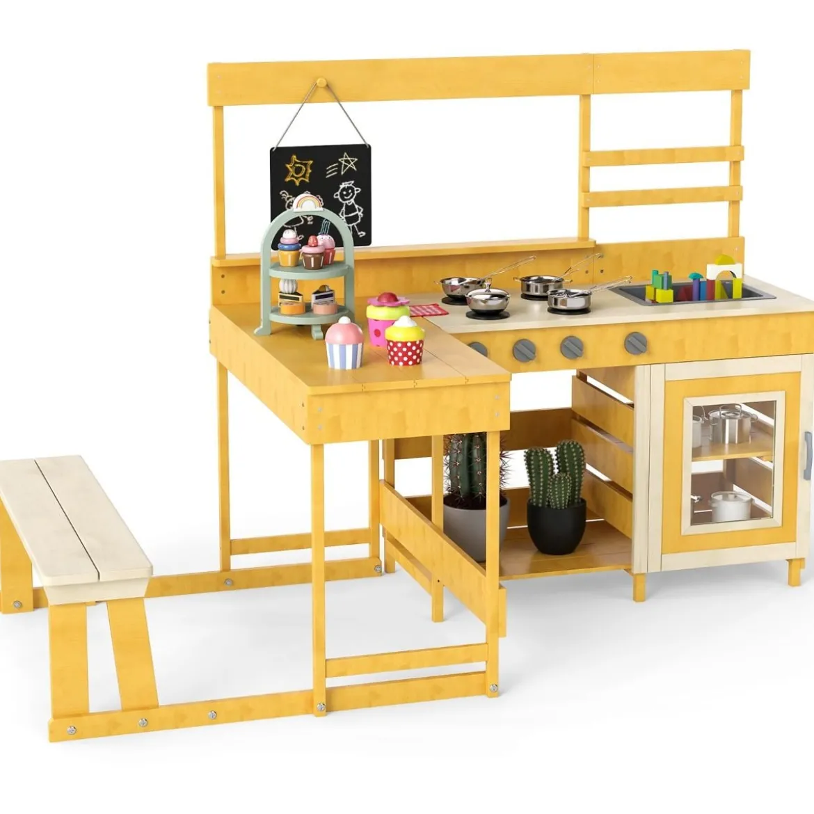 Matschküche mit Picknicktisch für Kinder Spielküche aus Tannenholz mit eingebauter Bank Natur
