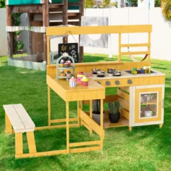 Matschküche mit Picknicktisch für Kinder Spielküche aus Tannenholz mit eingebauter Bank Natur