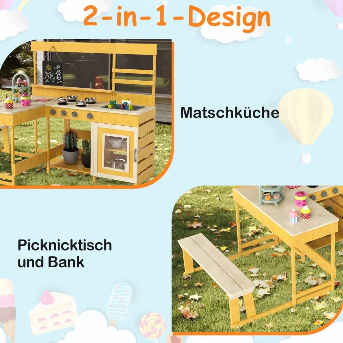 Matschküche mit Picknicktisch für Kinder Spielküche aus Tannenholz mit eingebauter Bank Natur