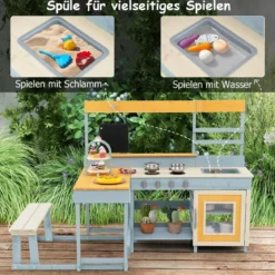 Matschküche mit Picknicktisch & Bank Kinderküche Tannenholz mit Dessertzubehör Küchengeschirr Grau