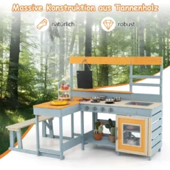 Matschküche mit Picknicktisch & Bank Kinderküche Tannenholz mit Dessertzubehör Küchengeschirr Grau