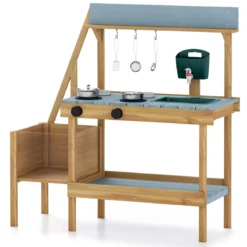 Matschküche Outdoor Kinderküche aus Holz mit Pflanzkasten Spüle & 2 Herden für Kinder ab 3 Jahren Blau