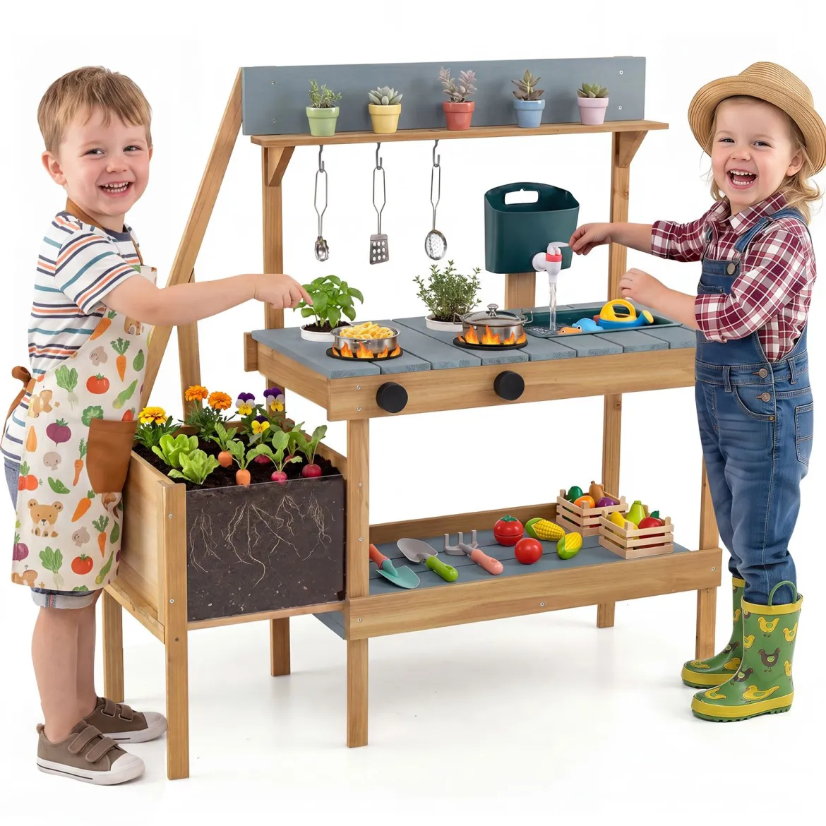 Matschküche Outdoor Kinderküche aus Holz mit Pflanzkasten Spüle & 2 Herden für Kinder ab 3 Jahren Blau