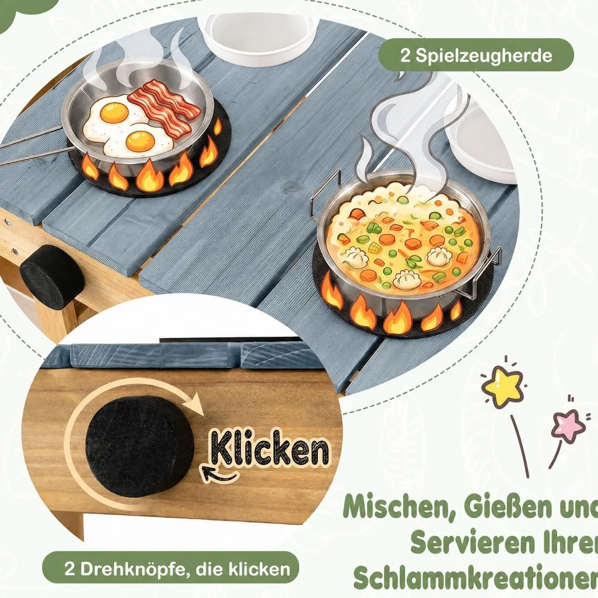 Matschküche Outdoor Kinderküche aus Holz mit Pflanzkasten Spüle & 2 Herden für Kinder ab 3 Jahren Blau