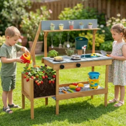 Matschküche Outdoor Kinderküche aus Holz mit Pflanzkasten Spüle & 2 Herden für Kinder ab 3 Jahren Blau