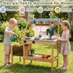 Matschküche Outdoor Kinderküche aus Holz mit Pflanzkasten Spüle & 2 Herden für Kinder ab 3 Jahren Blau
