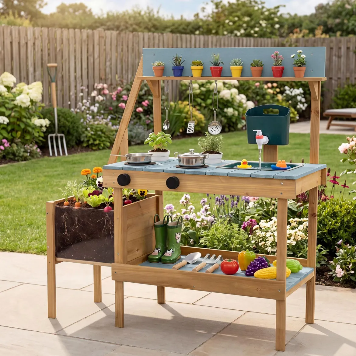 Matschküche Outdoor Kinderküche aus Holz mit Pflanzkasten Spüle & 2 Herden für Kinder ab 3 Jahren Blau