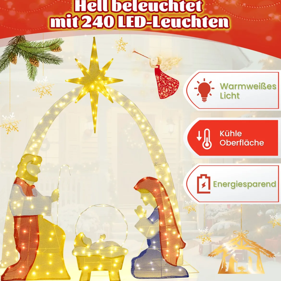 18 m beleuchtete Krippenszene vormontierte Heilige Familie Weihnachtsdekoration für Garten Hof Mehrfarbig