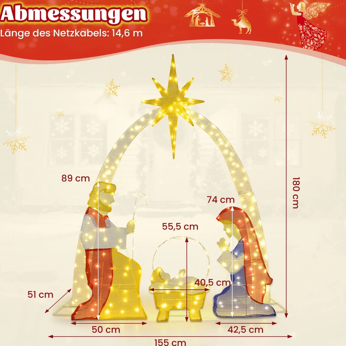 18 m beleuchtete Krippenszene vormontierte Heilige Familie Weihnachtsdekoration für Garten Hof Mehrfarbig