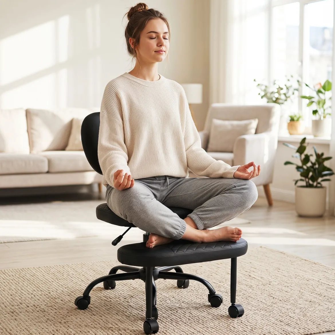 Meditationsstuhl Höhenverstellbar Bürostuhl mit Kreuzbeinen Kniestuhl mit 360° Drehbare Fußablage Schwarz