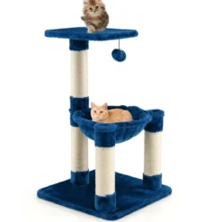 Mehrstöckiger Kratzbaum Weich Umwickelter Katzenbaum mit Gemütlicher Hängematte Blau